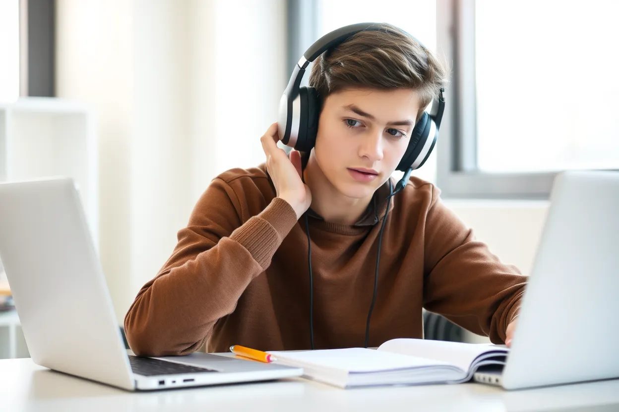 Μαθητής με ακουστικά εξασκείται στο listening των αγγλικών, το πιο συχνό σημείο αποτυχίας στο Lower