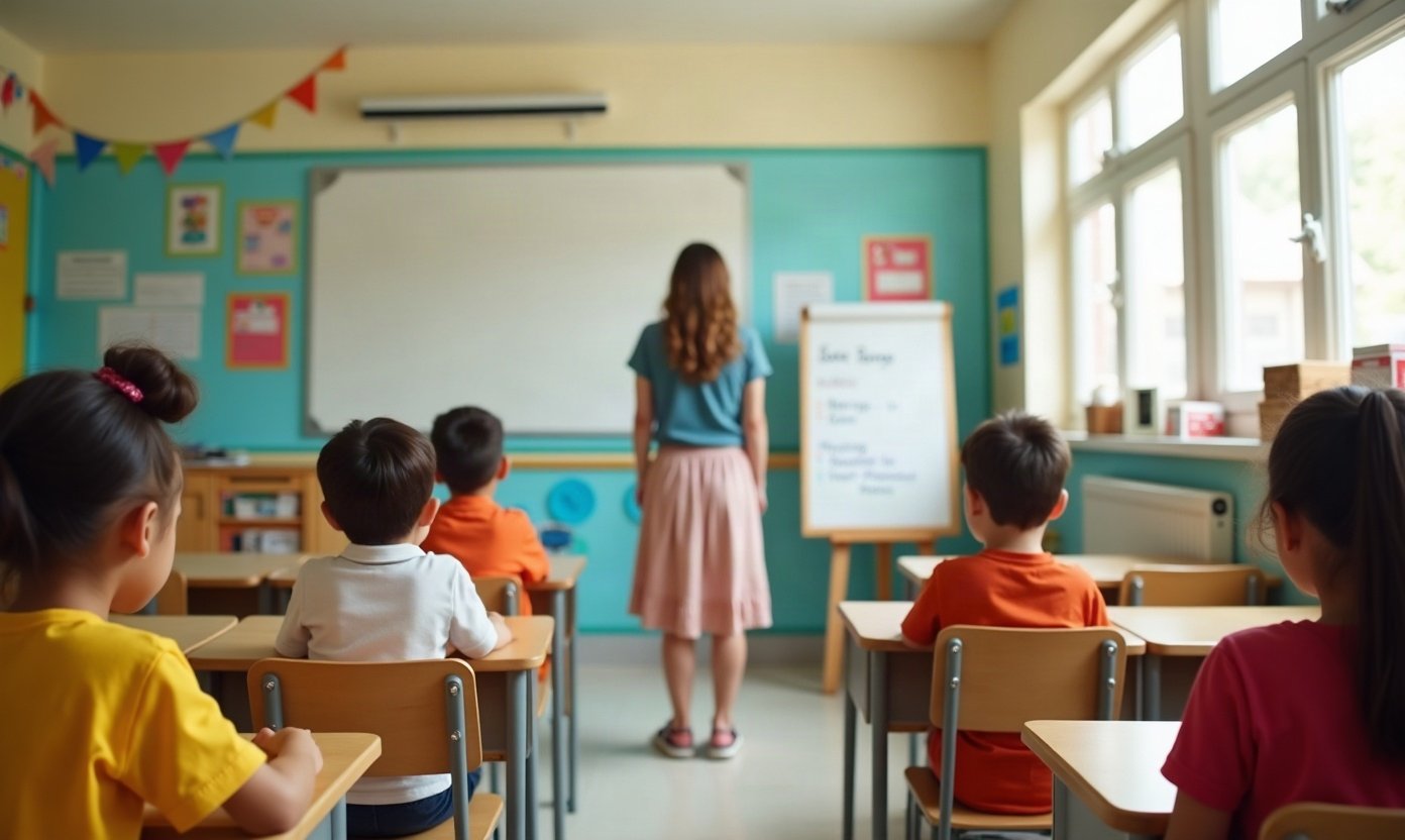 Παιδιά σε δια ζώσης τμήμα αγγλικών με καθηγήτρια στην τάξη